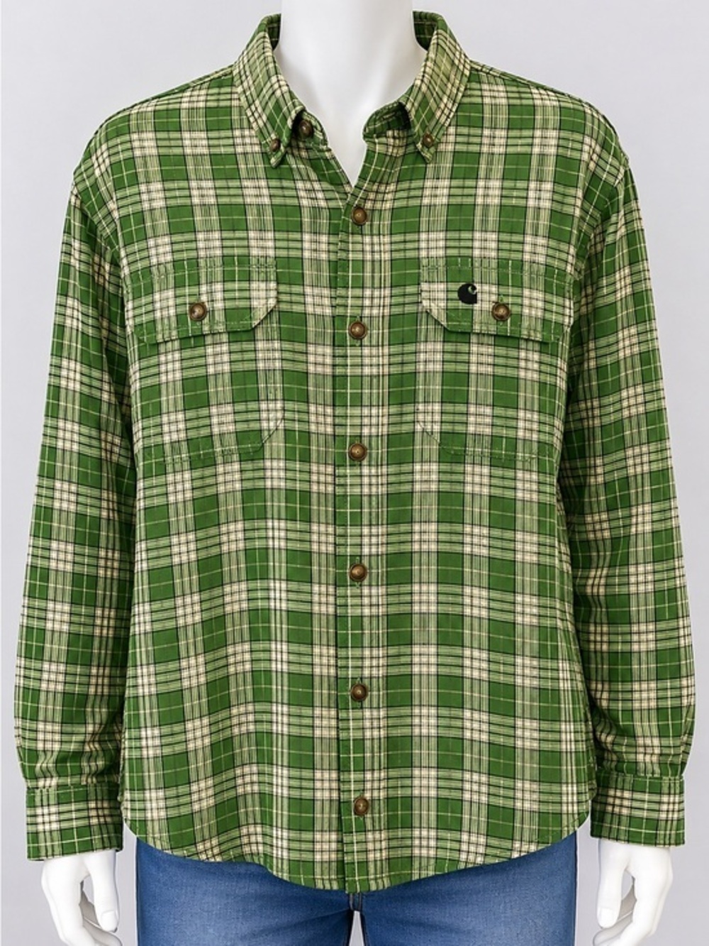 Carhartt Green Plaid Long Sleeve Button-Down Shirt Men’s Large 100% Cotton - Picture 1 of 12